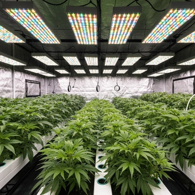 Modern grow tent interior with thriving green plants under LED lights