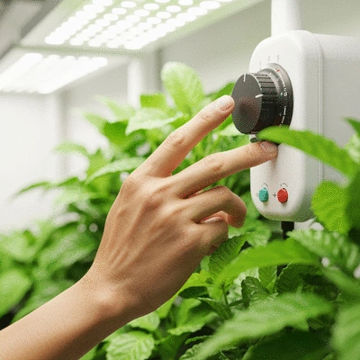 Hand adjusting a dimmable grow light's intensity dial above lush green plants