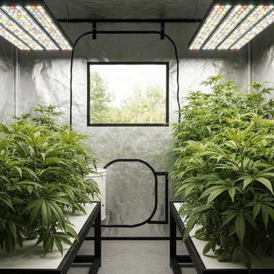 Modern grow tent interior with thriving green plants under LED lights