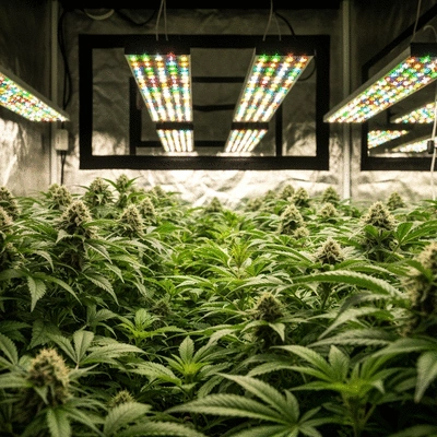 Modern indoor grow tent setup with vibrant green plants under LED lights