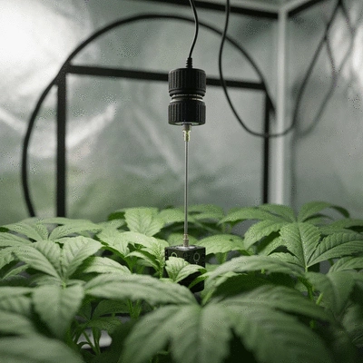 Close-up of a quantum sensor measuring light intensity on a leafy green plant
