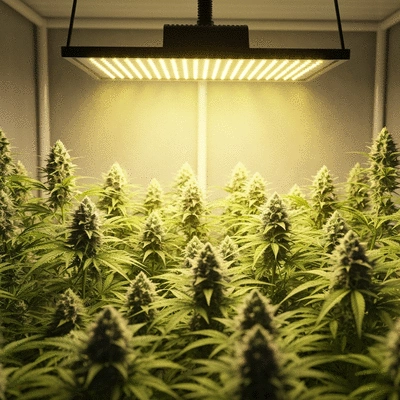HPS grow light emitting warm yellowish light over flowering plants