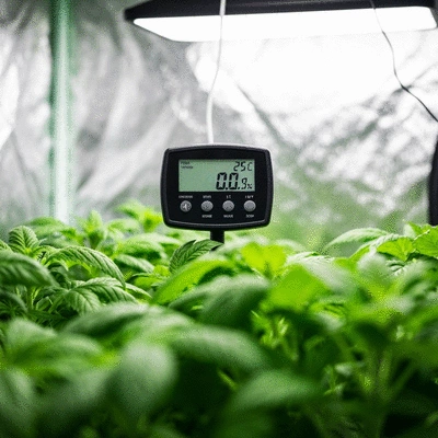 Digital thermometer and hygrometer monitoring grow tent conditions