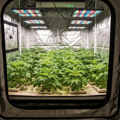 Indoor grow tent with green plants and proper lighting