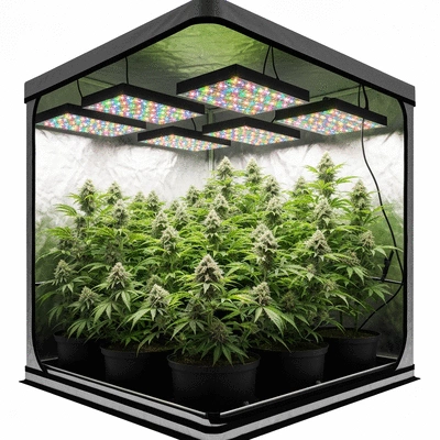 Indoor grow tent with plants inside, glowing light, professional setup, clean image