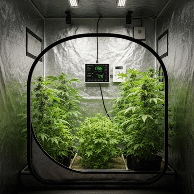 Modern grow tent with smart climate control system inside, healthy green plants, no text, no words, no typography