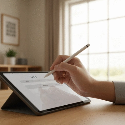Hand writing on a decision matrix with factors like size, price, and reviews, business setting, clean image