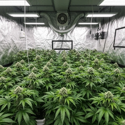 Indoor grow tent with green plants and a visible ventilation system