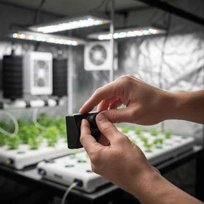 Hand adjusting a fan speed controller for a grow tent