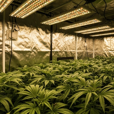 Interior of a modern grow tent with lush green plants, reflective Mylar walls, and LED grow lights