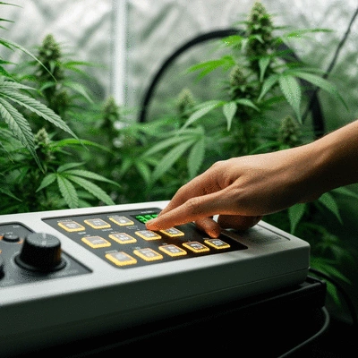 Close-up of a hand adjusting environmental controls inside a grow tent